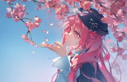 Rule 34 | 1girl, absurdres, black hat, blowing, cherry blossoms, commentary, earrings, falling petals, flower earrings, from side, hands up, hat, hatsune miku, highres, jewelry, long hair, long sleeves, looking up, nyansky, open mouth, petals, pink eyes, pink hair, sakura miku, sakura miku (rella), shirt, solo, twintails, upper body, vocaloid, white shirt