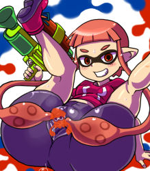 Rule 34 | 1girl, censored, inkling player character, long hair, mask, nintendo, pointy ears, shorts, splatoon (series), squid, tentacle hair, twintails