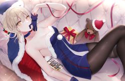 Rule 34 | 1girl, artoria pendragon (all), artoria pendragon (fate), bare arms, bare shoulders, black pantyhose, blonde hair, blush, bobblehat, box, box of chocolates, breasts, choker, cleavage, couch, dress, fate/grand order, fate (series), feet out of frame, fur-trimmed dress, fur-trimmed headwear, fur trim, gift, gift box, glove in mouth, gloves, hat, knee up, looking at viewer, lying, meltymaple, mouth hold, on back, on couch, pantyhose, pillow, purple choker, purple dress, purple gloves, red hat, revision, santa alter, santa hat, short dress, short hair, small breasts, solo, sparkle, strapless, strapless dress, stuffed animal, stuffed toy, teddy bear, unworn gloves, yellow eyes