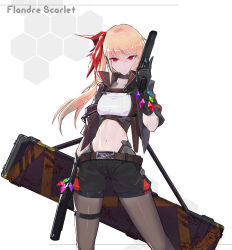 Rule 34 | 1girl, aged up, alternate costume, arm at side, bad id, bad pixiv id, belt, black choker, black gloves, black jacket, black shorts, blonde hair, bracelet, character name, choker, colored eyelashes, cowboy shot, cropped jacket, dual wielding, expressionless, eyes visible through hair, flandre scarlet, gem, gloves, gun, hair between eyes, hair ribbon, hand up, handgun, head tilt, headset, highres, holding, holster, jacket, jewelry, long sleeves, looking at viewer, navel, pantyhose, red eyes, ribbon, shiny clothes, shiny skin, short shorts, shorts, side ponytail, solo, stomach, tagme, thigh strap, toned, touhou, weapon, white background, yyy (zelda10010)
