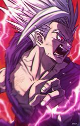 Rule 34 | 1boy, blurry, chromatic aberration, collarbone, dougi, dragon ball, dragon ball super, dragon ball super super hero, electricity, fecaa, frown, gohan beast, grey hair, male focus, open mouth, red background, red eyes, solo, son gohan, twitter username, upper body