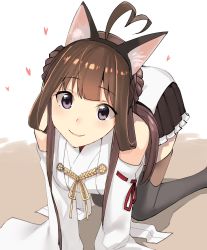 Rule 34 | 1girl, ahoge, all fours, animal ears, bare shoulders, boots, breasts, brown hair, brown skirt, cat ears, commentary, detached sleeves, double bun, fake animal ears, hairband, heart, highres, kantai collection, kongou (kancolle), large breasts, long hair, looking at viewer, masukuza j, nontraditional miko, pleated skirt, purple eyes, simple background, skirt, smile, solo, thigh boots, thighhighs, white background