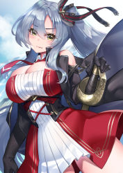 Rule 34 | 1girl, azur lane, bare shoulders, blush, bow, breasts, cleavage, commentary request, drake (azur lane), grey hair, hair bow, highres, ken ill, large breasts, long hair, ponytail, sidelocks, solo, yellow eyes