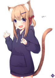 Rule 34 | 1girl, :d, absurdres, animal ear fluff, animal ears, artist logo, blue hoodie, blush, bow, claw pose, collarbone, eyes visible through hair, fang, female focus, gao, hair between eyes, hair bow, hair ornament, hair over shoulder, hair ribbon, hairclip, hands up, highres, hood, hood down, hoodie, light brown hair, looking at viewer, mayogii, no pants, open mouth, original, purple eyes, red bow, red ribbon, ribbon, short twintails, simple background, skin fang, smile, solo, sound effects, tail, tail raised, twintails, white background