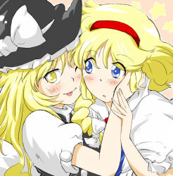 Rule 34 | alice margatroid, ascot, bad id, bad pixiv id, blonde hair, blue eyes, blush, braid, capelet, couple, hairband, hand on another&#039;s cheek, hand on another&#039;s face, hat, kirisame marisa, long hair, non (z-art), one eye closed, open mouth, short hair, side braid, tongue, touhou, witch hat, yellow eyes, yuri