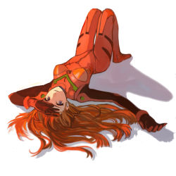 Rule 34 | 1girl, arm up, blue eyes, bodysuit, bracer, breasts, closed mouth, dutch angle, expressionless, female focus, from above, full body, gloves, hair spread out, hand on own forehead, knees up, legs together, long hair, lying, medium breasts, neon genesis evangelion, on back, orange hair, outstretched arm, pilot suit, plugsuit, shading eyes, shadow, simple background, sketch, solo, souryuu asuka langley, thigh gap, turtleneck, white background