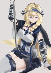 Rule 34 | 1girl, arknights, arm up, black capelet, black skirt, blonde hair, blue eyes, blue hairband, blue necktie, breasts, capelet, commentary, elbow gloves, gloves, grey background, grey thighhighs, hair between eyes, hairband, highres, horns, large breasts, long hair, looking at viewer, mak6, miniskirt, necktie, pouch, saileach (arknights), shirt, simple background, sitting, skirt, smile, solo, thighhighs, thighs, very long hair, white shirt, zettai ryouiki