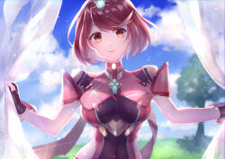 Rule 34 | 1girl, absurdres, breasts, chest jewel, curtains, earrings, field, fingerless gloves, gloves, highres, jewelry, large breasts, looking at viewer, mirin., pyra (xenoblade), red eyes, red hair, short hair, sky, solo, swept bangs, tiara, tree, xenoblade chronicles (series), xenoblade chronicles 2