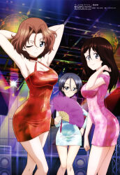 Rule 34 | 3girls, absurdres, aqua dress, armpits, arms behind head, azumi (girls und panzer), black hair, breasts, brown hair, ceiling, cleavage, closed mouth, dance floor, disco ball, dress, girls und panzer, glasses, grey eyes, hair between eyes, hand fan, highres, holding, holding fan, indoors, itou takeshi, large breasts, long hair, megami magazine, megumi (girls und panzer), multiple girls, no bra, one eye closed, pink dress, red dress, round eyewear, rumi (girls und panzer), scan, short hair, smile, speaker, standing