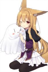 Rule 34 | &gt; o, 1girl, animal ears, bat (animal), black pantyhose, blonde hair, blush, blush stickers, flag, fox ears, fox tail, ghost, halloween, holding, holding hands, jack-o&#039;-lantern, long hair, long sleeves, no shoes, one eye closed, original, pantyhose, red eyes, rimo, simple background, sitting, smile, solo, tail, very long hair, white background
