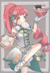 Rule 34 | 1girl, arm up, bad id, bad twitter id, bamboo steamer, baozi, bloomers, bowl, chinese clothes, commentary request, cowboy shot, dress, floral print, flower, food, gloves, grey background, hair flower, hair ornament, hand up, highres, holding, holding bowl, inactive account, leg up, long hair, looking at viewer, mouth hold, noodles, ponytail, pretty series, pripara, ramen, red hair, shiratama mikan, shiyurinpu, shoes, sidelocks, solo, standing, standing on one leg, tassel, underwear, very long hair, white gloves, yellow eyes