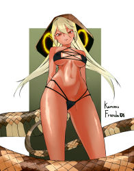 Rule 34 | 1girl, absolutemabbak, arms behind back, bikini, black bikini, blonde hair, blush, breasts, breasts apart, cameltoe, commentary, copyright name, covered erect nipples, cowboy shot, dark-skinned female, dark skin, english commentary, hair between eyes, highres, hood, japari symbol, kemono friends, king cobra (kemono friends), long hair, looking at viewer, medium breasts, navel, nose blush, parted lips, red eyes, shiny skin, simple background, smile, snake tail, solo, stomach, swimsuit, tail, thighs, underboob