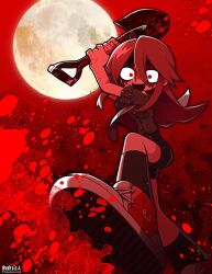 Rule 34 | 1girl, artist name, blood, blood on face, blood splatter, commission, constricted pupils, met (funamusea), full moon, funamusea, funamusea (artist), highres, holding, holding shovel, holding weapon, long hair, looking at viewer, moon, necktie, night, night sky, official art, pov, red eyes, red theme, shoes, shovel, skeb commission, sky, socks, solo, sutare yume, weapon