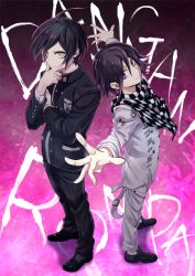 Rule 34 | 2boys, ahoge, black footwear, black hair, black jacket, buttons, checkered clothes, checkered neckwear, closed mouth, copyright name, danganronpa (series), danganronpa v3: killing harmony, double-breasted, emblem, foreshortening, from above, full body, gakuran, grey pants, hair between eyes, hand on own face, jacket, long sleeves, looking at viewer, looking up, male focus, multiple boys, oma kokichi, outstretched arms, pants, purple eyes, saihara shuichi, school uniform, smile, standing, striped clothes, striped pants, xxxenoki, yellow eyes