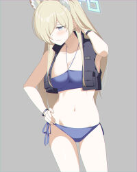 Rule 34 | 1girl, alternate costume, animal ears, bikini, blonde hair, blue archive, breasts, cosplay, eko, grey background, halo, highres, kanna (blue archive), large breasts, navel, solo, swimsuit, valkyrie police academy student (sg) (blue archive) (cosplay)