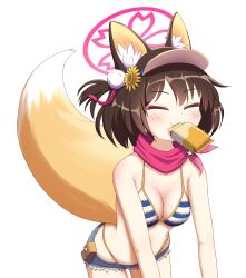 Rule 34 | 1girl, :3, animal ear fluff, animal ears, bare arms, bikini, blue archive, blush, breasts, brown hair, cleavage, closed eyes, closed mouth, commentary, cowboy shot, eyeshadow, facing viewer, food in mouth, fox ears, fox girl, fox tail, hair between eyes, hair ornament, halo, happy, highres, izuna (blue archive), izuna (swimsuit) (blue archive), leaning forward, makeup, medium breasts, medium hair, micro shorts, mugisepa, neckerchief, pink halo, pink neckerchief, pom pom (clothes), pom pom hair ornament, shorts, simple background, solo, standing, striped bikini, striped clothes, swimsuit, tail, visor cap, white background