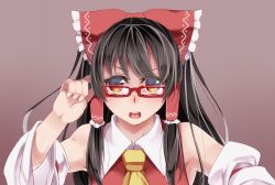 Rule 34 | 1girl, adjusting eyewear, armpits, ascot, bare shoulders, bespectacled, black hair, bow, brown eyes, detached sleeves, dress, glasses, grey background, hair bow, hair tubes, hakurei reimu, long hair, looking at viewer, nomu (29 nom), open mouth, red-framed eyewear, red dress, simple background, solo, touhou, upper body