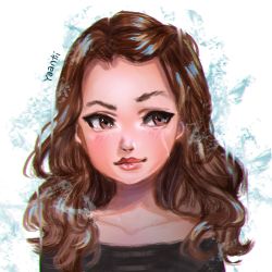 Rule 34 | 1girl, artist name, black shirt, blush, brown eyes, brown hair, closed mouth, commentary, english commentary, highres, lips, long hair, looking to the side, original, shirt, solo, yanting sun