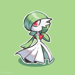 Rule 34 | artist name, bob cut, colored skin, creatures (company), dress, game freak, gardevoir, gen 3 pokemon, green background, green hair, green skin, hair over one eye, multicolored skin, nintendo, outline, pink eyes, pokemon, pokemon (creature), signature, simple background, smore (smearg), two-tone skin, white dress, white outline, white skin