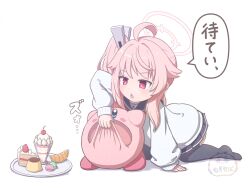 1girl ahoge black_thighhighs blue_archive cake food fruit halo highres kirby kirby_(series) lip_pull macaron melon melon_slice mugisepa natsu_(blue_archive) nintendo parfait pink_hair pink_halo pudding red_eyes side_ponytail strawberry_shortcake thighhighs white_background