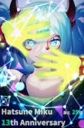 Rule 34 | 1girl, aqua eyes, aqua hair, bracelet, character name, collarbone, commentary, demon horns, dots, facial mark, fang, geometry, gloves, glowing hands, green gloves, green shirt, grin, hands up, hatsune miku, highres, horns, jewelry, liita (dusk snow), long hair, looking at viewer, project diva (series), satisfaction (kz) (vocaloid), shirt, smile, solo, spiked bracelet, spikes, twintails, upper body, vocaloid