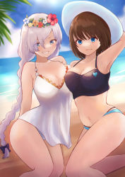 Rule 34 | 2girls, absurdres, anastasia (fate), anastasia (swimsuit archer) (fate), anastasia (swimsuit archer) (second ascension) (fate), arm behind head, arm up, armpits, bad id, bad pixiv id, bare shoulders, beach, bikini, black bikini, blue bikini, blue eyes, blue sky, blush, bow, braid, breasts, brown hair, charlotte corday (fate), charlotte corday (swimsuit caster) (fate), charlotte corday (swimsuit caster) (first ascension) (fate), cleavage, collarbone, dress, dress swimsuit, fate/grand order, fate (series), flower wreath, green eyes, grin, hair bow, hair over one eye, hat, head wreath, highres, karen1o27, large breasts, long hair, looking at viewer, mismatched bikini, multiple girls, navel, ocean, shore, short hair, side braid, silver hair, sky, smile, sun hat, swimsuit, thighs, twin braids, very long hair, white dress, white headwear