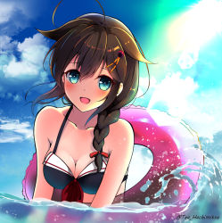 Rule 34 | 1girl, :d, ahoge, alternate costume, amagami (makise tsubaki), bikini, blue eyes, blue sky, blush, braid, breasts, brown hair, cleavage, cloud, day, hair between eyes, hair flaps, hair ornament, hair over shoulder, in water, innertube, kantai collection, long hair, looking at viewer, medium breasts, open mouth, outdoors, partially submerged, partially underwater shot, ribbon, shigure (kancolle), shigure kai ni (kancolle), sidelocks, single braid, sky, smile, solo, sunlight, swim ring, swimsuit, twitter username, underwater, upper body