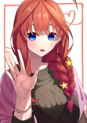 Rule 34 | 1girl, :d, \||/, absurdres, ahoge, alternate costume, alternate hairstyle, blue eyes, blush, braid, casual, commentary, earrings, eyelashes, eyes visible through hair, go-toubun no hanayome, hair between eyes, hair ornament, hand up, heart, highres, jewelry, long hair, looking at viewer, nakano itsuki, open hand, open mouth, red hair, sidelocks, simple background, single braid, smile, solo, star (symbol), star hair ornament, straight-on, tamago sando, upper body, waving, white background
