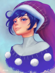 Rule 34 | 1girl, absurdres, aethos, artist name, black dress, blue eyes, blue hair, closed mouth, doremy sweet, dress, eyelashes, half-closed eyes, hat, highres, lips, looking at viewer, nightcap, nose, pom pom (clothes), red hat, short hair, smile, smug, solo, touhou, turtleneck, upper body