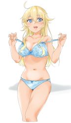 Rule 34 | 1girl, absurdres, blonde hair, blue bra, blue eyes, blue panties, bra, breasts, cleavage, cowboy shot, highres, iowa (kancolle), kantai collection, large breasts, long hair, maonatten, navel, panties, pulling own clothes, simple background, solo, strap pull, underwear, underwear only, white background