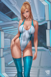 Rule 34 | 1girl, artist name, bare shoulders, blonde hair, blue eyes, breasts, cleavage, collarbone, commentary, covered navel, head tilt, highleg, highleg swimsuit, highres, lips, long hair, looking at viewer, medium breasts, metroid, mole, mole on body, mole on leg, mole under mouth, nintendo, one-piece swimsuit, parted lips, ponytail, prywinko, samus aran, simple background, solo, standing, swimsuit, thighhighs, thighs, watermark