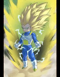 1boy armor aura blonde_hair boots commentary dragon_ball dragon_ball_daima gloves green_eyes hair_floating_upwards highres long_hair looking_at_viewer no_eyebrows saiyan_armor solo spiked_hair super_saiyan super_saiyan_3 sydoria vegeta white_gloves widow&#039;s_peak