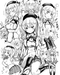Rule 34 | 10s, 1girl, ?, ass shake, binoculars, blush, breasts, closed eyes, clothes lift, epaulettes, finger to mouth, greyscale, hand on own chin, hat, higeno shinshi, highres, kantai collection, kashima (kancolle), laughing, long hair, looking at viewer, looking back, medium breasts, monochrome, own hands together, pleated skirt, pout, pouty lips, sidelocks, simple background, sitting, skirt, skirt lift, smile, solo, sparkle, sweat, tears, text focus, twintails, twirling hair, wavy mouth, white background