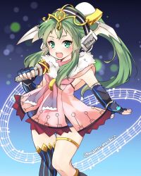 Rule 34 | 1girl, asymmetrical legwear, chiki (gir#fe), fingerless gloves, fire emblem, gloves, green eyes, green hair, hair ornament, headphones, highres, holding, holding microphone, long hair, mame. (mame mochi), microphone, musical note, open mouth, ponytail, solo, tokyo mirage sessions fe, twitter username, uneven legwear