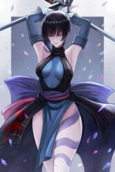 Rule 34 | 1girl, armpits, arms behind head, black hair, blue eyes, breasts, expressionless, highres, large breasts, legs, looking at viewer, pink lips, red eyes, samurai spirits, shiki (samurai spirits), short hair, snk, solo, thighs, weapon