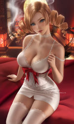 Rule 34 | 1girl, bra, breasts, catherine, catherine (game), cleavage, clothes pull, collar, corset, drill hair, lace, lace-trimmed bra, lace trim, lingerie, looking at viewer, parted lips, red ribbon, ribbon, shirt pull, sitting, skirt, underwear, white corset, white legwear, white skirt, wickellia