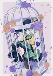 Rule 34 | 1girl, ;), absurdres, birdcage, black hat, blouse, blush, boots, bow, bright pupils, brown footwear, cage, chinese commentary, closed mouth, commentary, flower, frilled shirt collar, frilled skirt, frilled sleeves, frills, full body, green eyes, green skirt, hat, hat bow, heart, heart of string, highres, komeiji koishi, long sleeves, looking at viewer, one eye closed, orange flower, orange rose, purple flower, purple rose, rose, shirt, skirt, smile, solo, third eye, touhou, uzumibi, white pupils, wide sleeves, yellow bow, yellow shirt