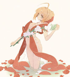 Rule 34 | 10s, 1girl, ahoge, blonde hair, fate/extra, fate (series), flower, green eyes, guilty, nero claudius (fate), nero claudius (fate) (all), nero claudius (fate/extra), nude, official alternate costume, ribbon, solo, tsumi guilty, water