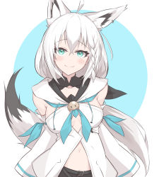 1girl ahoge animal_ear_fluff animal_ears black_shorts blue_neckerchief blush braid breasts detached_sleeves earrings eihire fox_ears fox_girl fox_tail green_eyes hair_between_eyes highres hololive hood hoodie jewelry long_hair looking_at_viewer midriff navel neckerchief shirakami_fubuki shirakami_fubuki_(1st_costume) short_shorts shorts sidelocks simple_background single_braid small_breasts smile solo tail virtual_youtuber white_background white_hair white_hoodie