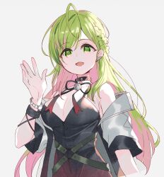 Rule 34 | 1girl, :d, ahoge, bell, black collar, black dress, black jacket, black ribbon, braid, breasts, cleavage, collar, collarbone, commentary, dress, ear piercing, green eyes, green hair, grey background, hair between eyes, hand up, highres, jacket, jingle bell, long hair, looking at viewer, medium breasts, meito (maze), morinaka kazaki, multicolored hair, neck bell, neck ribbon, nijisanji, o-ring, off shoulder, open clothes, open jacket, open mouth, piercing, pink hair, ribbon, simple background, smile, solo, symbol-only commentary, two-tone hair, very long hair, virtual youtuber