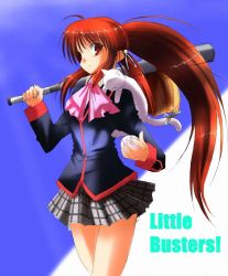 Rule 34 | 1girl, ahoge, animal, animal on shoulder, baseball bat, bow, bowtie, cat, cat on shoulder, green skirt, little busters!, long sleeves, looking at viewer, miniskirt, natsume rin, pink bow, pink bowtie, plaid, plaid skirt, pleated skirt, ponytail, red eyes, red hair, sado (sadolabo), sidelocks, skirt, solo, standing