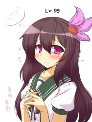 Rule 34 | 10s, 1girl, collarbone, commentary request, goma (gomasamune), hair ornament, hairpin, jewelry, kantai collection, kisaragi (kancolle), long hair, looking at viewer, own hands together, puffy short sleeves, puffy sleeves, ring, sailor collar, school uniform, serafuku, short sleeves, simple background, solo, upper body, wedding band, when you see it, white background