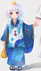 Rule 34 | 1girl, :o, aged down, animal, animal on head, bag, blue footwear, blue hair, blue kimono, blunt bangs, blush, colored inner hair, commentary request, full body, highres, holding, holding bag, holding finger, japanese clothes, kimono, lize helesta, long hair, long sleeves, looking at viewer, multicolored hair, nenehotoso, nijisanji, on head, out of frame, print kimono, purple eyes, sandals, sebastian piyodore, sidelocks, solo focus, standing, starry sky print, streaked hair, tabi, two side up, virtual youtuber, white hair, white legwear, wide sleeves