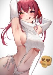 Rule 34 | 1girl, alternate costume, armpits, arms behind head, blush, breasts, closed mouth, cowboy shot, detached sleeves, hair between eyes, heart, heart-shaped eyes, heterochromia, highres, hololive, houshou marine, large breasts, long hair, looking at viewer, meme attire, navel, panties, red eyes, red hair, ribbed sleeves, ribbed sweater, scarf (50464982), sideboob, simple background, skull, sleeveless, sleeveless turtleneck, smile, solo, sweater, tongue, tongue out, turtleneck, turtleneck sweater, twintails, underwear, virgin destroyer sweater, virtual youtuber, white background, white panties, white sleeves, white sweater, yellow eyes