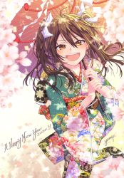 Rule 34 | 1girl, 2020, ahoge, alternate costume, blush, brown eyes, brown hair, floral print, flower, hair between eyes, hair ribbon, happy new year, highres, holding, japanese clothes, jewelry, kantai collection, kimono, long hair, long sleeves, nail polish, new year, oil-paper umbrella, open mouth, pink flower, ribbon, ring, sash, signature, solo, tone (kancolle), twintails, umbrella, wide sleeves, yami (m31)