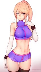 Rule 34 | 1girl, armpits, bare shoulders, black thighhighs, blue eyes, bluefield, breasts, cameltoe, cowboy shot, elbow gloves, gloves, halterneck, highres, long hair, looking at viewer, metroid, midriff, navel, nintendo, ponytail, samus aran, short shorts, shorts, simple background, sleeveless, smile, solo, standing, thighhighs, thighs, white gloves, wide hips