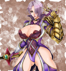 Rule 34 | 1041 (toshikazu), 1girl, breasts, choker, cleavage, green eyes, hair over one eye, isabella valentine, lace, large breasts, purple hair, revealing clothes, short hair, solo, soul calibur, soulcalibur, soulcalibur v, sword, thighhighs, thighs, weapon, whip sword