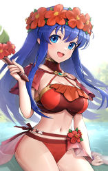 Rule 34 | 1girl, :d, arm support, bikini, blue eyes, blue hair, blush, breasts, cleavage, commentary, fire emblem, fire emblem: the binding blade, fire emblem heroes, flower, gloves, gonzarez, hair flower, hair ornament, hand up, hat, head wreath, headband, highres, holding, large breasts, lilina (fire emblem), lilina (summer) (fire emblem), looking at viewer, navel, nintendo, official alternate costume, open mouth, red bikini, red flower, revision, smile, solo, stomach, swimsuit, thighs, water