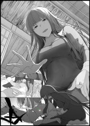 Rule 34 | 2girls, architecture, asagami fujino, bikini, black border, blunt bangs, blush, border, breast smother, breasts, commentary request, covered navel, dress, east asian architecture, face to breasts, fate/grand order, fate (series), from above, from below, fujimaru ritsuka (female), fujimaru ritsuka (female) (brilliant summer), greyscale, highres, kara no kyoukai, lap pillow, long dress, long hair, long sleeves, looking at viewer, medium breasts, monochrome, multiple girls, o-ring, o-ring bikini, official alternate costume, open clothes, open shorts, reien girl&#039;s academy school uniform, school uniform, seiza, shorts, sidelocks, sitting, smile, spot color, striped bikini, striped clothes, swimsuit, syatey, telekinesis, unzipped, vertical-striped bikini, vertical-striped clothes, very long hair
