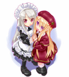 Rule 34 | 2girls, blonde hair, boots, capelet, gradient background, hair between eyes, hat, holding hands, kishita, lace, lace-trimmed skirt, lace trim, maid, maid headdress, multiple girls, polka dot, polka dot background, purple eyes, ribbon, shoes, silver hair, skirt, smile, thighhighs